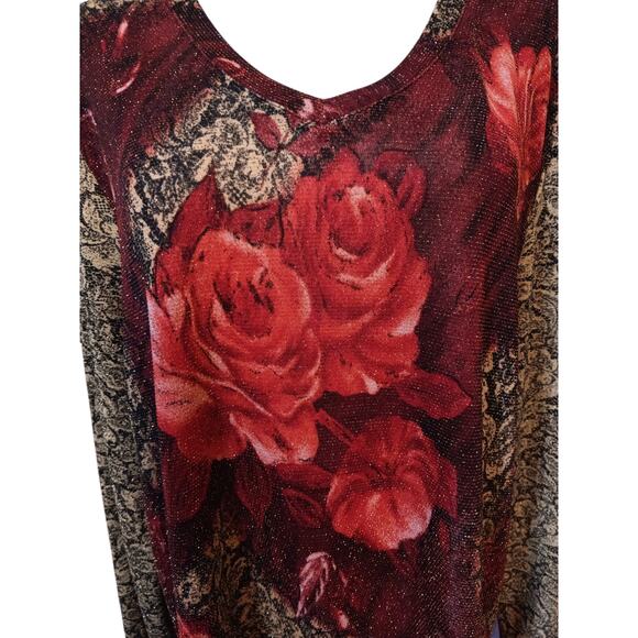 VINTAGE STONEBRIDGE Top Blouse Shirt Roses Floral Sparkles‎ Size XL Red Gold - Picture 4 of 9
